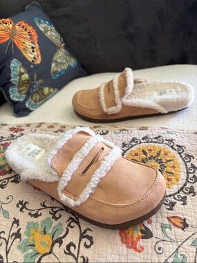 Sherpa Faux Suede Penny Loafer Mule Slippers Size 9
